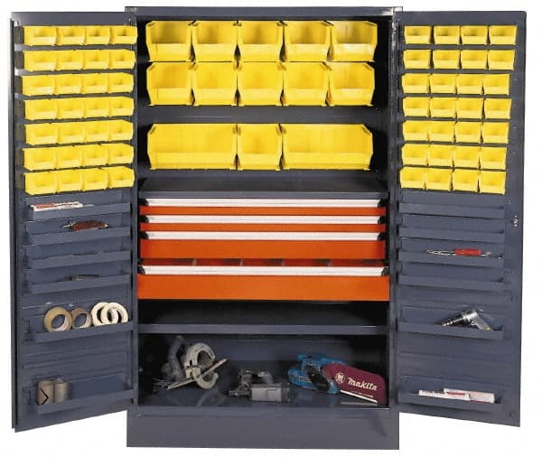 Durham - 13 Shelf 69 Bin Storage Cabinet - Steel, 48" Wide x 24" Deep x 78" High, Gray - Exact Tooling