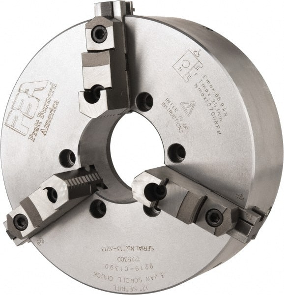 Pratt Burnerd America - 3 Jaws, 12" Diam, Self Centering Manual Lathe Chuck - Plain Back Mount Spindle, Adjustable, Reversible, 2,300 Max RPM, 4.06" Through Hole Diam, Forged Steel - Exact Tooling