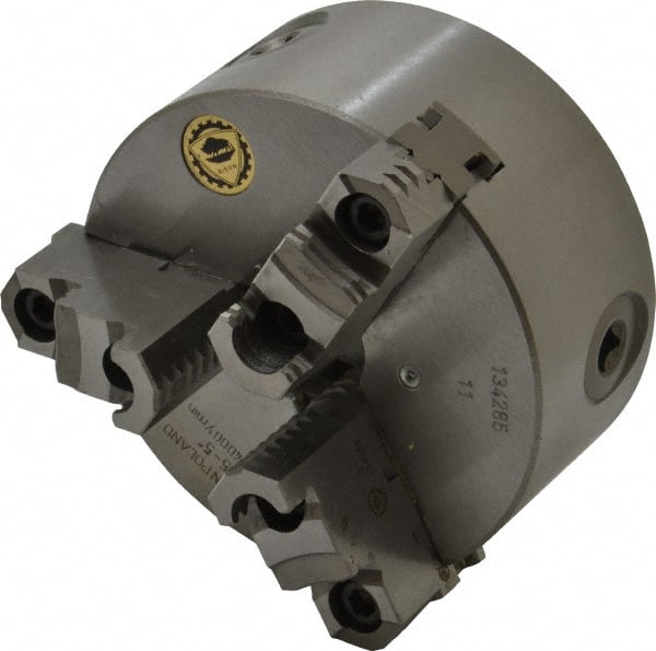Bison - 3 Jaws, 5" Diam, Self Centering Manual Lathe Chuck - Plain Back Mount Spindle, Reversible, 3,200 Max RPM, 1.2598" Through Hole Diam, 0.0008" Axial Runout, 0.0012" Radial Runout, Cast Iron - Exact Tooling
