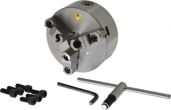 Bison - 3 Jaws, 6" Diam, Self Centering Manual Lathe Chuck - Plain Back Mount Spindle, Reversible, 3,000 Max RPM, 1.6535" Through Hole Diam, 0.0008" Axial Runout, 0.0012" Radial Runout, Cast Iron - Exact Tooling