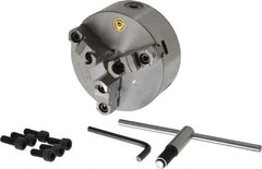 Bison - 3 Jaws, 6" Diam, Self Centering Manual Lathe Chuck - Plain Back Mount Spindle, Reversible, 3,000 Max RPM, 1.6535" Through Hole Diam, 0.0008" Axial Runout, 0.0012" Radial Runout, Cast Iron - Exact Tooling
