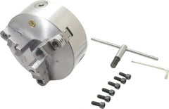Bison - 3 Jaws, 8" Diam, Self Centering Manual Lathe Chuck - Plain Back Mount Spindle, Reversible, 2,500 Max RPM, 2.1653" Through Hole Diam, 0.001" Axial Runout, 0.0016" Radial Runout, Cast Iron - Exact Tooling