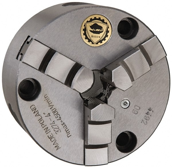 Bison - 3 Jaws, 4" Diam, Self Centering Manual Lathe Chuck - Front Mount, 0.7874" Through Hole Diam, Cast Iron - Exact Tooling
