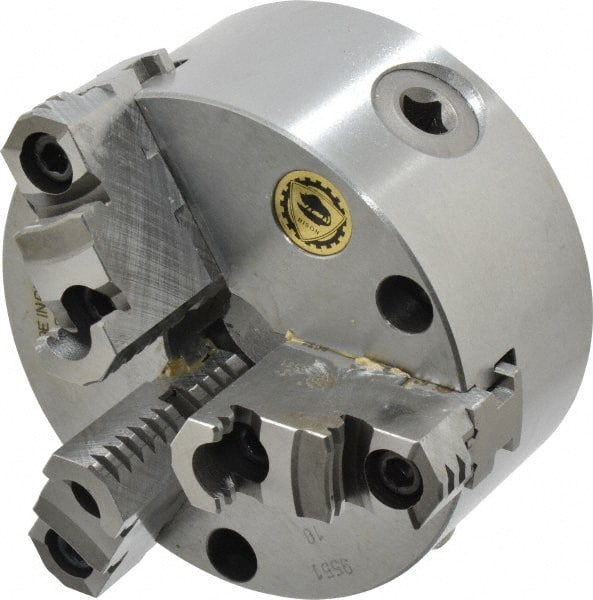 Bison - 3 Jaws, 5" Diam, Self Centering Manual Lathe Chuck - Front Mount, Reversible, 1.2598" Through Hole Diam, Cast Iron - Exact Tooling