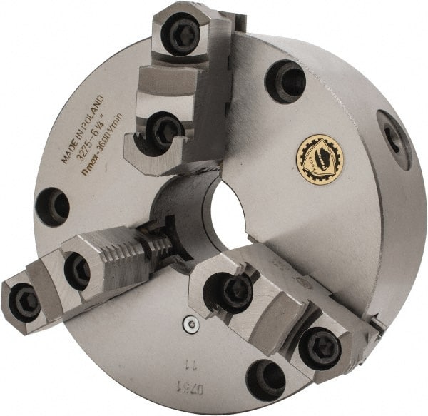 Bison - 3 Jaws, 6" Diam, Self Centering Manual Lathe Chuck - Front Mount, Reversible, 1.6535" Through Hole Diam, Cast Iron - Exact Tooling