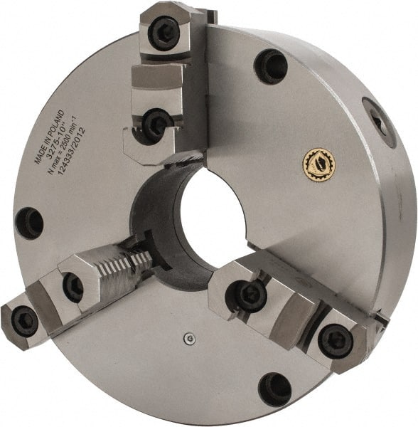 Bison - 3 Jaws, 10" Diam, Self Centering Manual Lathe Chuck - Front Mount, Reversible, 2.9921" Through Hole Diam, Cast Iron - Exact Tooling