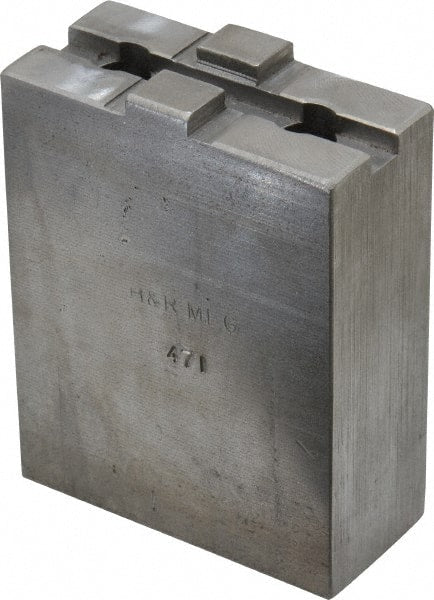 H & R Manufacturing - 5 to 6" Chuck Capacity, Tongue & Groove Attachment, Square Soft Lathe Chuck Jaw - Steel, 1-1/2" Btw Mount Hole Ctrs, 2-5/8" Long x 1-1/4" Wide x 3-3/8" High, 5/16" Groove - Exact Tooling
