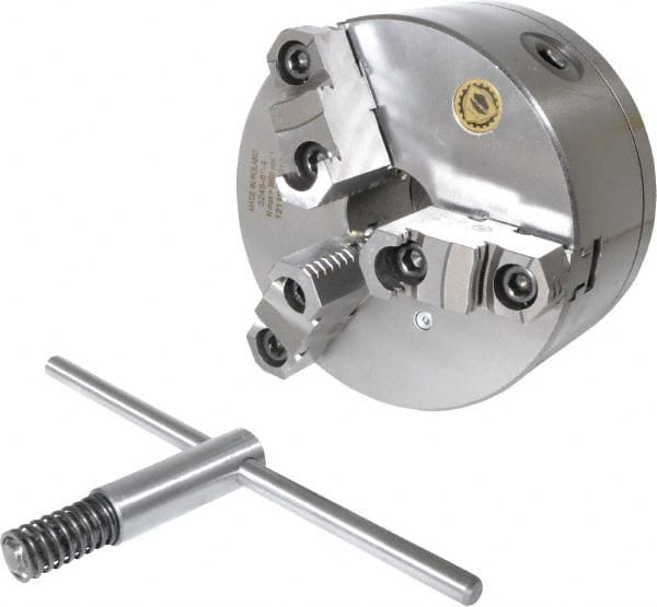Bison - 3 Jaws, 6" Diam, Self Centering Manual Lathe Chuck - D1-4 Mount Spindle, Reversible, 3,000 Max RPM, 1.6535" Through Hole Diam, 0.0008" Axial Runout, 0.0012" Radial Runout, Cast Iron - Exact Tooling