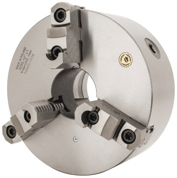 Bison - 3 Jaws, 10" Diam, Self Centering Manual Lathe Chuck - L-1 Mount Spindle, Reversible, 2,000 Max RPM, 2.9921" Through Hole Diam, 0.001" Axial Runout, 0.0016" Radial Runout, Cast Iron - Exact Tooling