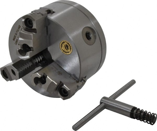 Bison - 3 Jaws, 5" Diam, Self Centering Manual Lathe Chuck - 1-1/2 - 8" Spindle Mount, Reversible, 3,200 Max RPM, 1.2598" Through Hole Diam, 0.0008" Axial Runout, 0.0012" Radial Runout, Cast Iron - Exact Tooling