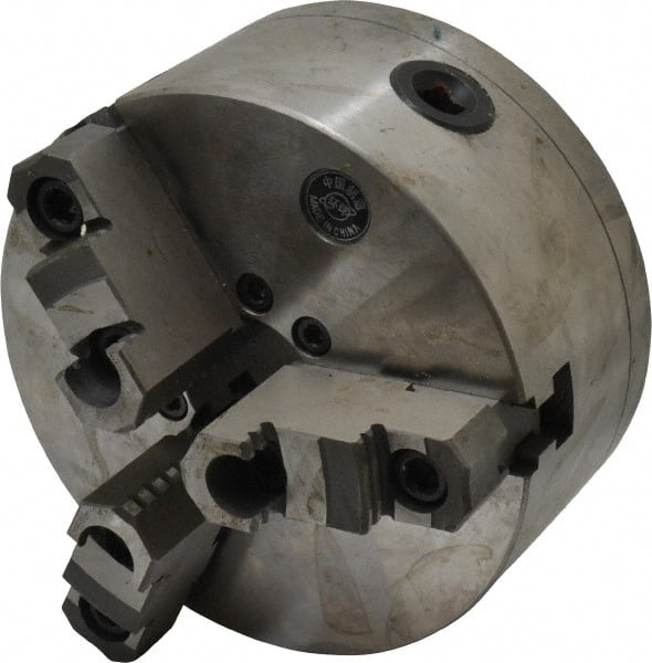 Interstate - 3 Jaws, 6" Diam, Self Centering Manual Lathe Chuck - D1-3 Mount Spindle, Reversible, 1.5748" Through Hole Diam, Cast Iron - Exact Tooling