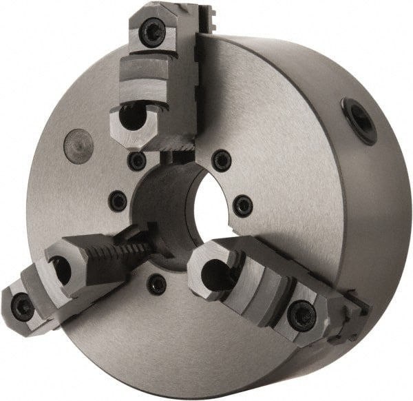 Interstate - 3 Jaws, 8" Diam, Self Centering Manual Lathe Chuck - D1-6 Mount Spindle, Reversible, 1.9685" Through Hole Diam, Cast Iron - Exact Tooling