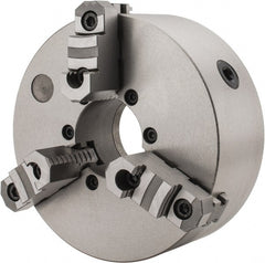 Interstate - 3 Jaws, 10" Diam, Self Centering Manual Lathe Chuck - D1-8 Mount Spindle, Reversible, 2.7559" Through Hole Diam, Cast Iron - Exact Tooling