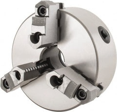 Interstate - 3 Jaws, 6" Diam, Self Centering Manual Lathe Chuck - Plain Back Mount Spindle, Reversible, 1.5748" Through Hole Diam, 0.003" Axial Runout, Cast Iron - Exact Tooling