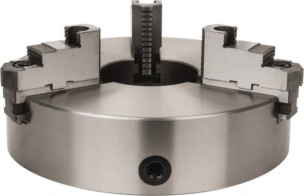 Interstate - 3 Jaws, 15" Diam, Self Centering Manual Lathe Chuck - Plain Back Mount Spindle, Reversible, 5.315" Through Hole Diam, 0.003" Axial Runout, Cast Iron - Exact Tooling