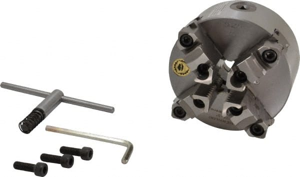 Bison - 4 Jaws, 5" Diam, Self Centering Manual Lathe Chuck - Plain Back Mount Spindle, Reversible, 3,200 Max RPM, 1.2598" Through Hole Diam, 0.0012" Axial Runout, 0.0015" Radial Runout, Cast Iron - Exact Tooling