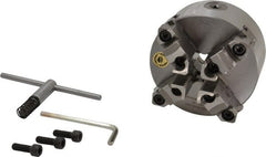 Bison - 4 Jaws, 5" Diam, Self Centering Manual Lathe Chuck - Plain Back Mount Spindle, Reversible, 3,200 Max RPM, 1.2598" Through Hole Diam, 0.0012" Axial Runout, 0.0015" Radial Runout, Cast Iron - Exact Tooling