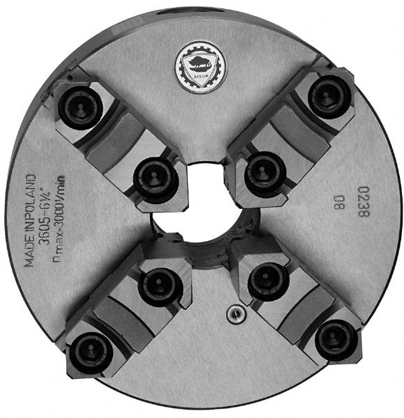 Bison - 4 Jaws, 12" Diam, Self Centering Manual Lathe Chuck - Plain Back Mount Spindle, Reversible, 1,500 Max RPM, 4.0551" Through Hole Diam, 0.0012" Axial Runout, 0.0031" Radial Runout, Cast Iron - Exact Tooling