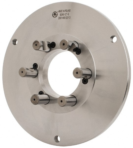 Bison - Adapter Back Plate for 12-1/2" Diam Self Centering Lathe Chucks - D1-6 Mount, 4.055" Through Hole Diam, 7.086mm ID, 12.4" OD, 3/4" Flange Height, Steel - Exact Tooling