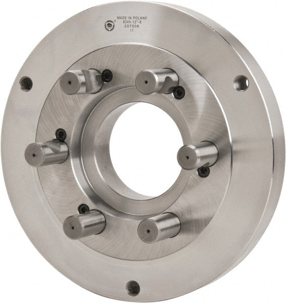 Bison - Adapter Back Plate for 12-1/2" Diam Self Centering Lathe Chucks - D1-8 Mount, 4.055" Through Hole Diam, 7.086mm ID, 12.4" OD, 1.49" Flange Height, Steel - Exact Tooling