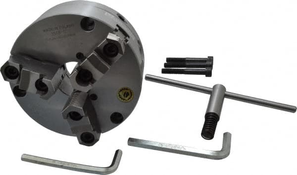 Bison - 3 Jaws, 6" Diam, Self Centering Manual Lathe Chuck - Front Mount, Adjustable, Reversible, 3,500 Max RPM, 1.654" Through Hole Diam, Forged Steel - Exact Tooling