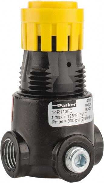 Parker - 1/4 NPT Port, 15 CFM, Zinc Miniature Regulator - 2 to 125 psi Range, 300 Max psi Supply Pressure, 1/8" Gauge Port Thread, 1.65" Wide x 2.88" High - Exact Tooling