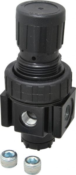 Parker - 1/4 NPT Port, 30 CFM, Zinc Economy Regulator - 2 to 125 psi Range, 300 Max psi Supply Pressure, 1/4" Gauge Port Thread, 2" Wide x 4.44" High - Exact Tooling
