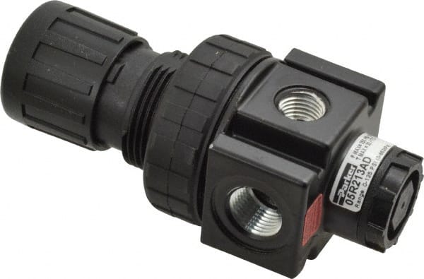 Parker - 3/8 NPT Port, 40 CFM, Zinc Economy Regulator - 2 to 125 psi Range, 300 Max psi Supply Pressure, 1/4" Gauge Port Thread, 2" Wide x 4.44" High - Exact Tooling