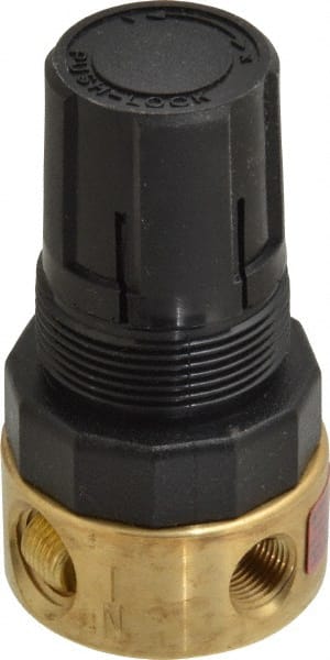 Parker - 1/4 NPT Port, Brass Miniature Regulator - 2 to 125 psi Range, 300 Max psi Supply Pressure, 1/8" Gauge Port Thread, 1-1/2" Wide x 2.87" High - Exact Tooling