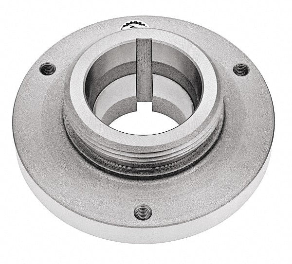 Bison - Adapter Back Plate for 6-1/4" Diam Self Centering Lathe Chucks - L-00 Mount, 2-3/4" Through Hole Diam, 5.51mm ID, 6.3" OD, 0.79" Flange Height, Steel - Exact Tooling