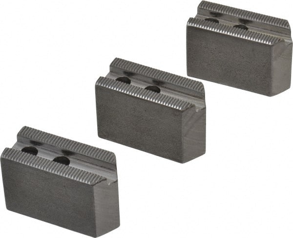H & R Manufacturing - 5" Chuck Capacity, 1.5mm x 60° Serrated Attachment, Square Soft Lathe Chuck Jaw - 3 Jaws, Steel, 0.708" Btw Mount Hole Ctrs, 2-5/16" Long x 1" Wide x 1-1/2" High, 0.395" Groove, 8mm Fastener - Exact Tooling