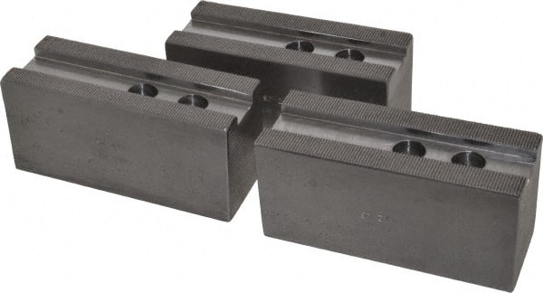 H & R Manufacturing - 12" Chuck Capacity, 1.5mm x 60° Serrated Attachment, Square Soft Lathe Chuck Jaw - 3 Jaws, Steel, 1.181" Btw Mount Hole Ctrs, 5-1/4" Long x 2" Wide x 2-1/2" High, 0.827" Groove, 5/8" & 16mm Fastener - Exact Tooling