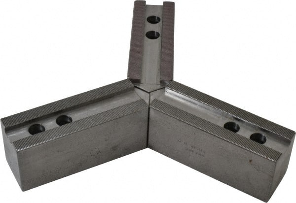 H & R Manufacturing - 12" & Up Chuck Capacity, 1.5mm x 60° Serrated Attachment, Square Soft Lathe Chuck Jaw - 3 Jaws, Steel, 1.181" Btw Mount Hole Ctrs, 6-1/4" Long x 2" Wide x 2-1/2" High, 0.827" Groove, 0.6299" & 16mm Fastener - Exact Tooling
