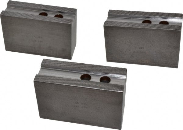 H & R Manufacturing - 12" Chuck Capacity, 1.5mm x 60° Serrated Attachment, Square Soft Lathe Chuck Jaw - 3 Jaws, Steel, 1.181" Btw Mount Hole Ctrs, 5-1/4" Long x 2" Wide x 3-1/2" High, 0.827" Groove, 5/8" & 16mm Fastener - Exact Tooling
