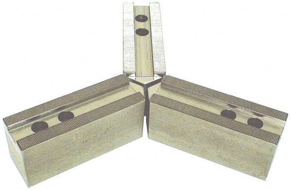H & R Manufacturing - 1.5mm x 60° Serrated Attachment, Square Soft Lathe Chuck Jaw - 3 Jaws, Steel, 1.181" Btw Mount Hole Ctrs, 6-1/4" Long x 2" Wide x 2" High, 0.827" Groove, 16mm Fastener - Exact Tooling
