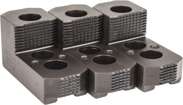 H & R Manufacturing - 12" & Up Chuck Capacity, 1.5mm x 60° Serrated Attachment, Square Soft Lathe Chuck Jaw - 3 Jaws, Steel, 1.181" Btw Mount Hole Ctrs, 6-1/4" Long x 2" Wide x 5" High, 0.827" Groove, 5/8" & 16mm Fastener - Exact Tooling