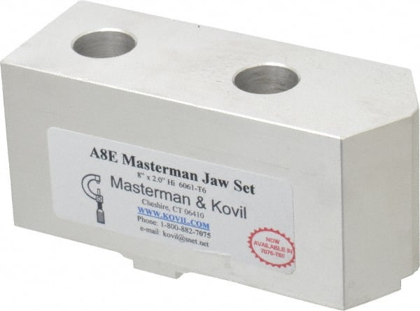 Masterman & Kovil - 8" Chuck Capacity, Tongue & Groove Attachment, Square Soft Lathe Chuck Jaw - 1 Jaw, Aluminum, 1-3/4" Btw Mount Hole Ctrs, 4mm Long x 1-1/2" Wide x 2" High, 5/16" Groove - Exact Tooling
