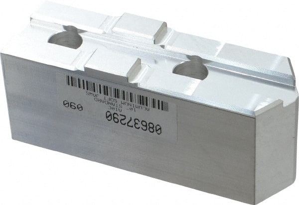 Masterman & Kovil - 10" Chuck Capacity, Tongue & Groove Attachment, Square Soft Lathe Chuck Jaw - 1 Jaw, Aluminum, 2-1/8" Btw Mount Hole Ctrs, 4.6mm Long x 1-1/2" Wide x 2" High, 1/2" Groove - Exact Tooling