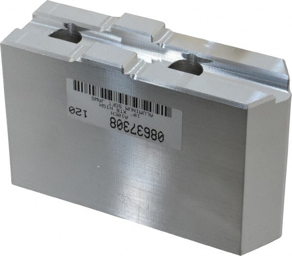 Masterman & Kovil - 10" Chuck Capacity, Tongue & Groove Attachment, Square Soft Lathe Chuck Jaw - 1 Jaw, Aluminum, 2-1/8" Btw Mount Hole Ctrs, 4.6mm Long x 1-1/2" Wide x 3" High, 1/2" Groove - Exact Tooling