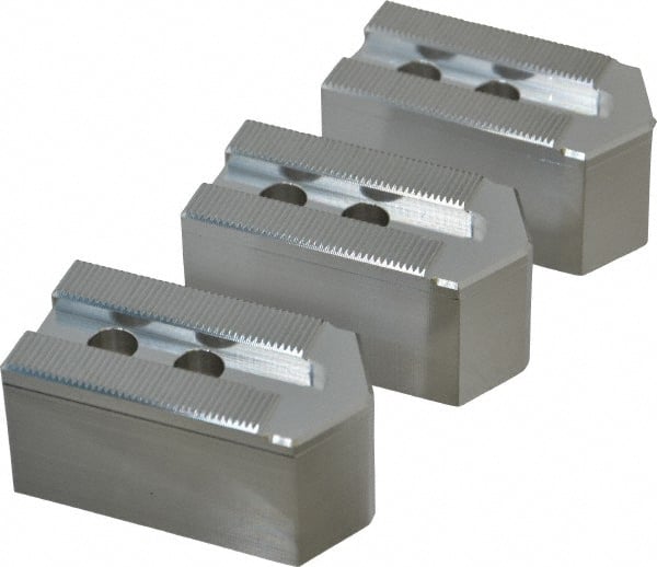 Masterman & Kovil - 6" Chuck Capacity, 1.5mm x 60° Serrated Attachment, Square Soft Lathe Chuck Jaw - 3 Jaws, Aluminum, 0.787" Btw Mount Hole Ctrs, 3mm Long x 1-1/2" Wide x 1-1/2" High, 0.473" Groove, 10mm Fastener - Exact Tooling