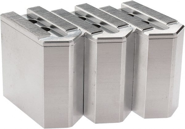 Masterman & Kovil - 6" Chuck Capacity, 1.5mm x 60° Serrated Attachment, Square Soft Lathe Chuck Jaw - 3 Jaws, Aluminum, 0.787" Btw Mount Hole Ctrs, 3mm Long x 1-1/2" Wide x 3" High, 0.473" Groove, 10mm Fastener - Exact Tooling