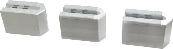 Masterman & Kovil - 6" Chuck Capacity, 1.5mm x 60° Serrated Attachment, Square Soft Lathe Chuck Jaw - 3 Jaws, Aluminum, 0.787" Btw Mount Hole Ctrs, 3mm Long x 1-1/2" Wide x 2" High, 0.473" Groove, 10mm Fastener - Exact Tooling