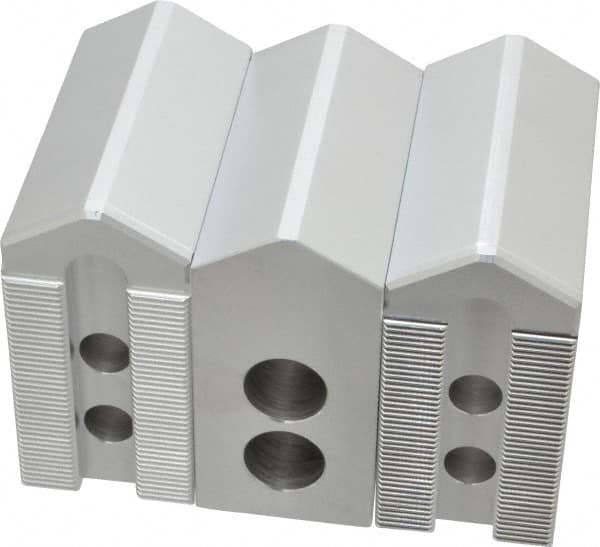 Masterman & Kovil - 6" Chuck Capacity, 1.5mm x 60° Serrated Attachment, Square Soft Lathe Chuck Jaw - 3 Jaws, Aluminum, 0.787" Btw Mount Hole Ctrs, 3mm Long x 1-1/2" Wide x 3" High, 0.473" Groove, 10mm Fastener - Exact Tooling