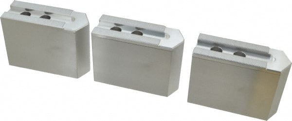 Masterman & Kovil - 8" Chuck Capacity, 1.5mm x 60° Serrated Attachment, Square Soft Lathe Chuck Jaw - 3 Jaws, Aluminum, 0.984" Btw Mount Hole Ctrs, 4mm Long x 1-1/2" Wide x 3" High, 0.551" Groove, 12mm Fastener - Exact Tooling