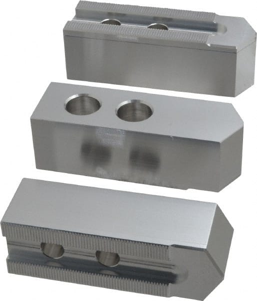 Masterman & Kovil - 10" Chuck Capacity, 1.5mm x 60° Serrated Attachment, Square Soft Lathe Chuck Jaw - 3 Jaws, Aluminum, 1.181" Btw Mount Hole Ctrs, 4.6mm Long x 1-1/2" Wide x 1-1/2" High, 0.63" Groove, 12mm Fastener - Exact Tooling