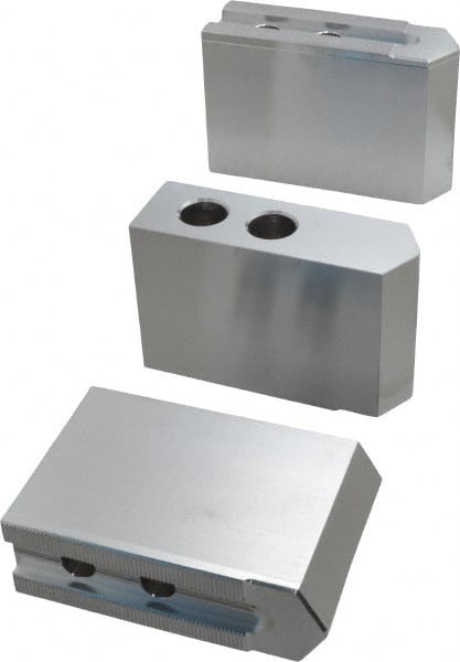 Masterman & Kovil - 10" Chuck Capacity, 1.5mm x 60° Serrated Attachment, Square Soft Lathe Chuck Jaw - 3 Jaws, Aluminum, 1.181" Btw Mount Hole Ctrs, 4.6mm Long x 1-1/2" Wide x 3" High, 0.63" Groove, 12mm Fastener - Exact Tooling