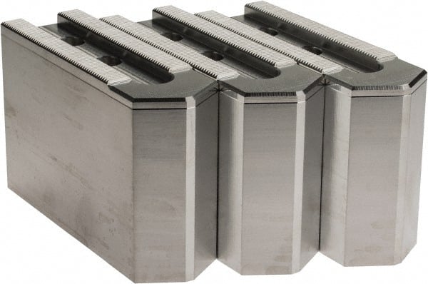 Masterman & Kovil - 10" Chuck Capacity, 1.5mm x 60° Serrated Attachment, Square Soft Lathe Chuck Jaw - 3 Jaws, Aluminum, 1.181" Btw Mount Hole Ctrs, 4.6mm Long x 1-1/2" Wide x 3" High, 0.63" Groove, 12mm Fastener - Exact Tooling