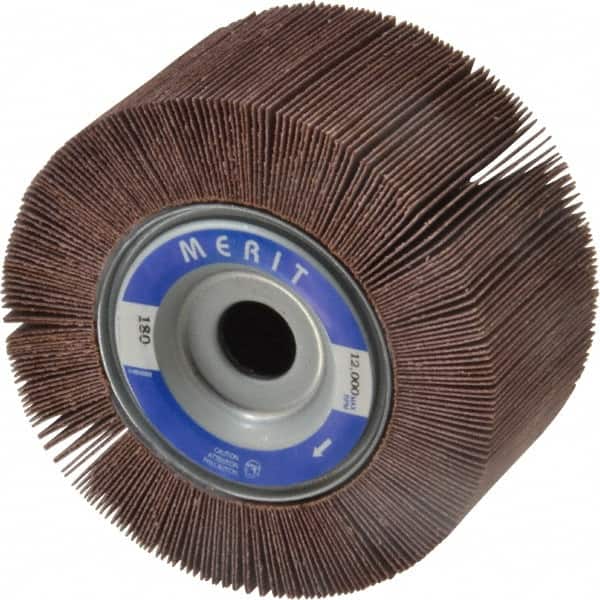 Merit Abrasives - 4" Diam, 180 Grit Aluminum Oxide Unmounted Flap Wheel - 5/8" Hole, 2" Wide, Coated, Very Fine Grade, 12,000 Max RPM , Cloth Backing - Exact Tooling