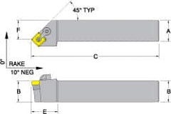 Dorian Tool - MSSN, Right Hand Cut, 45° Lead Angle, 3/4" Shank Height x 3/4" Shank Width, Negative Rake Indexable Turning Toolholder - 4-1/2" OAL, SN..43. Insert Compatibility, Series Multi-Option - Exact Tooling