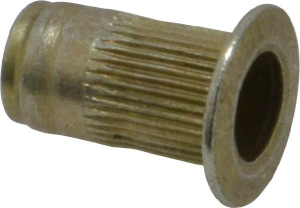 Made in USA - #8-32, 0.265 Insert Diam, 0.47" OAL, Knurled Body Open End Threaded Insert - 0.2656" Hole Diam, 0.39" Head Diam, 1008/1010 Steel, Clear Protective Coating & Zinc Yellow Dichromate Finish - Exact Tooling